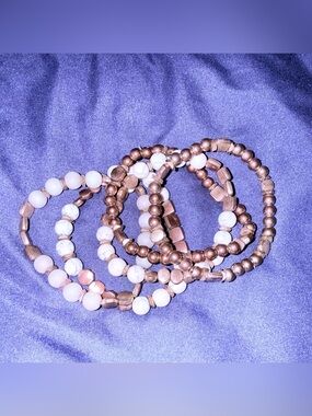 Rose Gold and White Beaded Stackable Bracelet Set - Women Jewelry